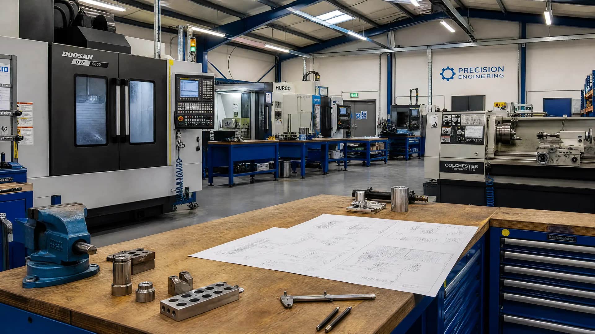 A CNC machine workshop: a workbench with machined parts, a vise and technical drawings